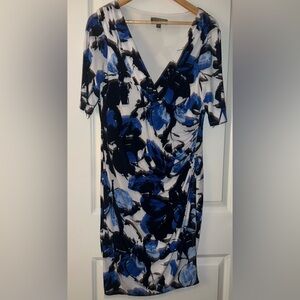 Lauren by Ralph Lauren Royal Blue/Navy Blue/White Ruched Dress-Size 16